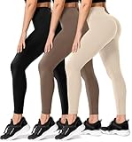 FULLSOFT 3 Pack High Waisted Leggings for Women No See-Through Tummy Control Yoga Pants Workout Leggings-Reg&Plus Size (Black,Coca Moncha,Light Khaki,Small-Medium)