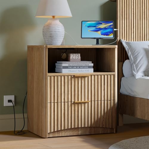 Image of Evermagin Fluted Nightstand with Charging Station, Natural Oak Bedside Table with 2 Drawers, Wood End Table with Storage Mid Century Modern, Large Night Stand for Bedroom