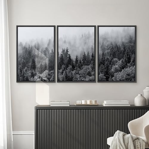 SIGNWIN Framed Canvas Print Wall Art Set Black & White Misty Mountain Forest Nature Wilderness Photography Modern Art Chic Landscape Relax/Calm for Living Room, Bedroom, Office - 24"x36"x3 Black - 2