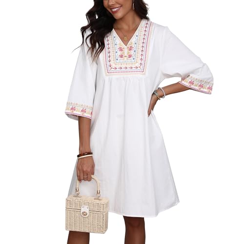 Image of LauraKlein Mexican Embroidered Dress for Women Plus Size Boho 3 /4 Sleeve Summer Dresses Fiesta V-Neck Casual Vacation Clothes