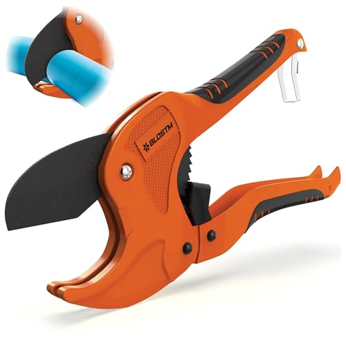 BLOSTM Plastic Pipe Cutter - Heavy Duty Ratchet Pipe Cutters with 42mm Outside Diameter Cutting Capacity for PVC PEX PPR Plastic Pipes & Rubber Hoses Ergonomic Non-Slip Handle & Safety Lock (Orange)