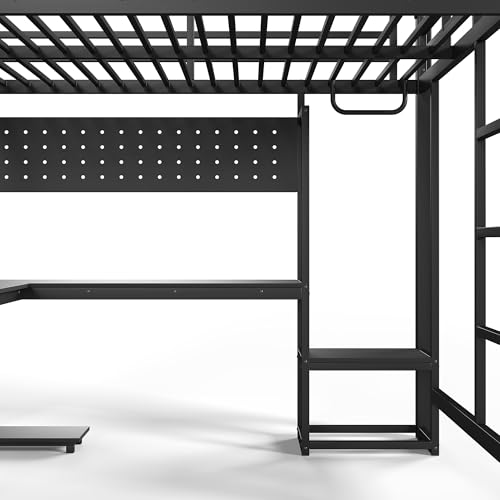 Image of Bellemave Full Size Loft Bed with Desk and USB Ports, Computer Tray, Peg Board LED, Metal Full Loft Bed Frame for Adults, Kids, Teens, Black
