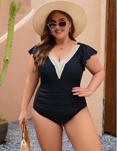 Blooming Jelly Womens Tummy Control Swimsuits One Piece Slimming Bathing Suits Ruffle Lace V Neck Swimwear (X-Large,Black) - Image 8