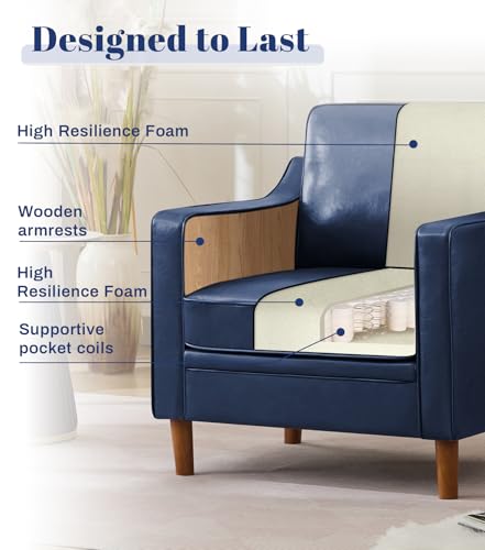 Image of Kingfun Accent Chair Set of 2, Living Room Chairs, Faux Leather Reading Armchair, Mid Century with Solid Wood Foot, Upholstered Modern Decor for Bedroom, Apartment