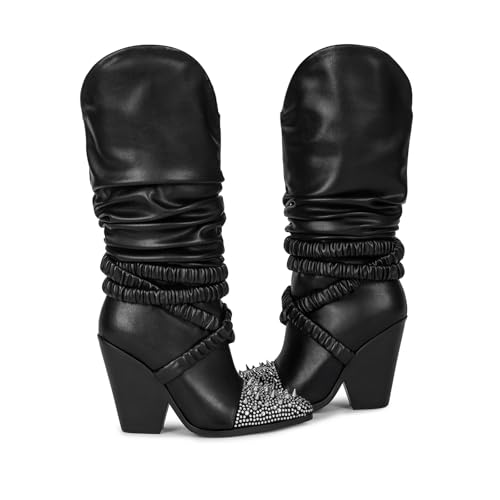 Image of Women's Studded Pointed Toe Western Boots Slouchy Knee High Chunky Heel | Studded Pointed Toe with Ruched Strap Detail and Chunky Heel