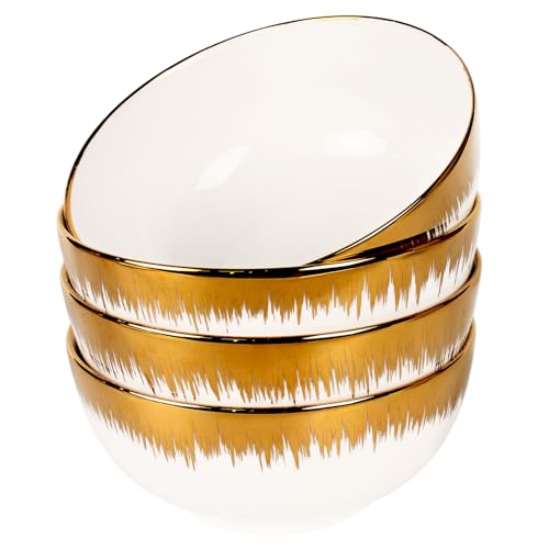 jinsongdafa Ceramic Cereal Bowls Set - Gold plated 20 Oz, for Soup, Salad, Pasta, Oatmeal, Ramen Bowls Set of 4, Perfect for Wedding, Party Decorations, Banquet, Birthday Celebrations, 6.1 Inch