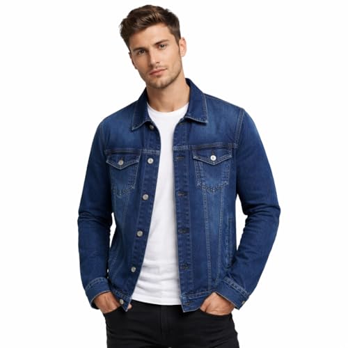 Image of Scoob Men's Lightweight Breathable Denim Jacket | Dark Blue Slim Fit Casual Jeans Jacket for Men | Full Sleeve Button Down Trucker Style Coat with Pockets | Winter & All Season Wear