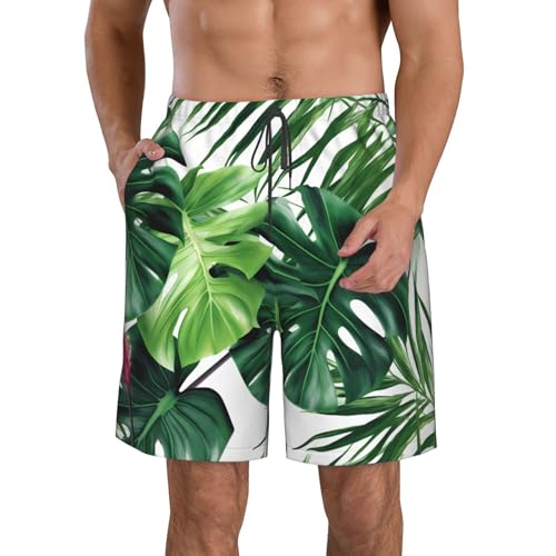 Tropical Leaves Men's Swim Trunks Quick Dry Board Shorts with Pockets Casual Drawstring Beach Shorts