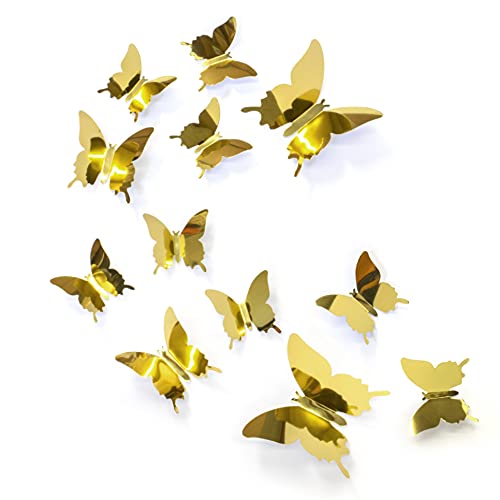 Butterfly Wall Decal Room Decor, Gold Butterfly Wall Decor 24 pcs, Party Decor, Wedding Decoration, Aesthetic Butterflies Stickers for Bedroom