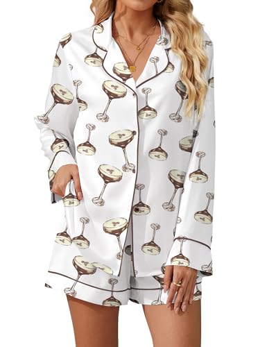 Image of SHESHOW Satin Pajama Set for Women Button Down Long Sleeve Top and Shorts Loungewear Set Funny Print Sleepwear XS-XXL