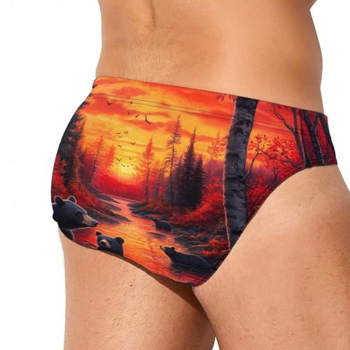 Black Bears Family Sunrise Forests Printed Swim Briefs for Men Sexy Bikini Swimwear Elastic Beach Trunks Bathing Suit4