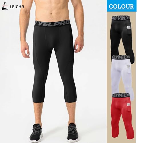 Men's 3/4 Compression Pants, Capri Leggings with Pocket, Athletic Basketball Tights, Sport Running Dry Fit Gym Base Layer2