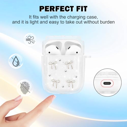 Newseego Clear Case for Airpods 1/2 Gen, Cute Aesthetic Glitter Bowknots Pattern Design with Bow Pearl Keychain for Girls & Women Soft TPU Shockproof Cover for Apple Airpods 1st/2nd Generation - Image 2