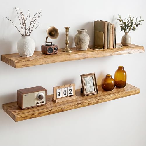 Image of Dreamland 36 Inch Long Floating Shelves Set of 2, Rustic Solid Elm Wood Live Edge Floating Shelf Wall Mounted, 8 Inch Deep Wooden Wall Shelves for Living Room, Bedroom, Bathroom, Kitchen, Natural