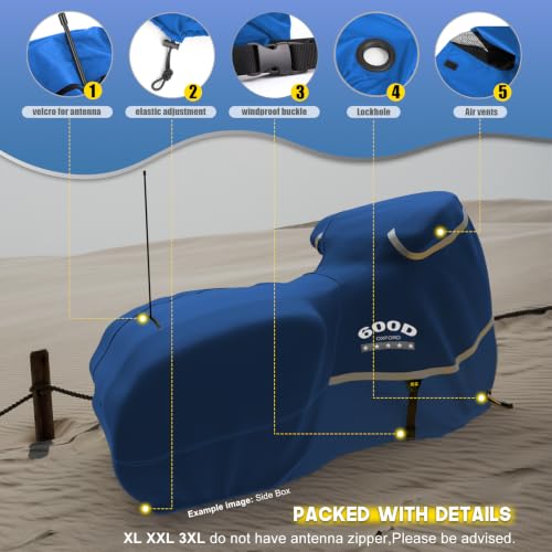 Image of Motorcycle Cover with Side Box Heavy Duty 600D Waterproof for Touring Models Harley Davidson Road King,Road Glide,Street Glide, Electra Glide,Low Rider-ST Indoor & Outdoor Storage Blue