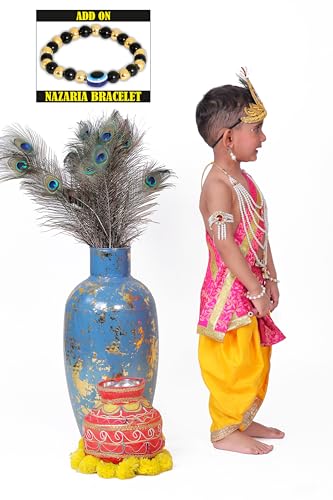 Image of Krishna Dress for Kids, Baby Krishna Dress for Janmashtami with Krishna Mukut, Peacock Feather & Flute Embroidered Krishna Costume for Girl & Boy, 3 Months-8 Years