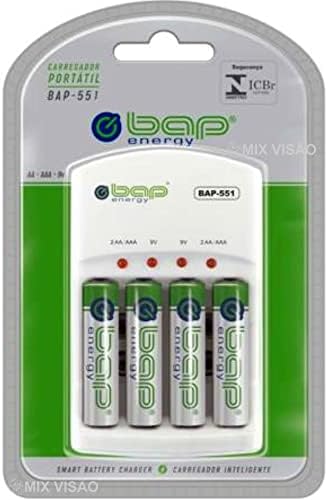 Bap Energy Carregador de pilhas e baterias (AA/AAA/9v) Com 4 Pilh...