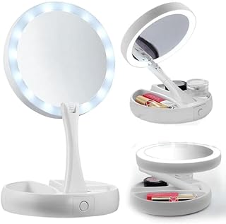 Espelho de Maquiagem LED com Base Organizadora, Dobrável, Dupla Face, Aumento 10x, Iluminação Integrada, Portátil, Branco