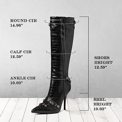 Oiamenne Knee High Boots for Women Fashion Slide Zipper Pointed Toe Stiletto Studded High Heel Rivets Tassel Boots Party Dress Shoes4