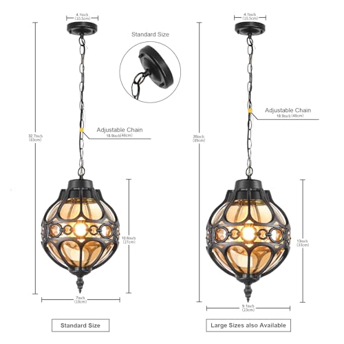 Globe Outdoor Pendant Lights for Porch Patio Garage, Matte Black Aluminum Anti-Rust Hanging Light Fixture, Industrial Round Amber Glass Exterior Chandelier, Outside Pendant Lamp Lantern