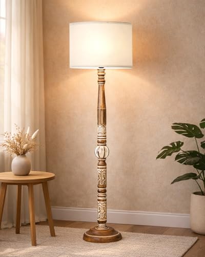 Image of Homesake Royal Carving Antique White Finish Wooden Floor Lamp for Living Room | Light Decoration for Home Corner Lamp for Living Room Bedroom Bedside | Standing Lamp | KD Off-White Drum Shade