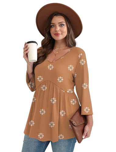 Image of OFEEFAN 3 /4 Length Sleeve Womens Tops 2026 Blouses for Women Dressy Casual Fashion Clothing V Neck Babydoll Tops Fall Outfits