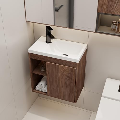 eclife 20" Floating Bathroom Vanity Sink Combo for Small Space, Wall-Mounted Guest Toilet Wash Basin Cabinet with Opening Shelf, Soft Closing Door, Walnut Veneered
