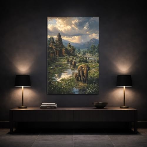 Tableau paysage botanique ruines temple canvas mural vertical