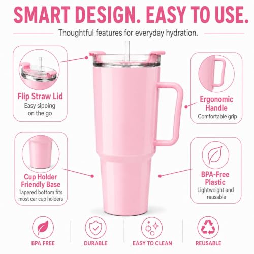 Image of 1800ML Large Plastic Tumbler with Handle & Straw | BPA-Free Reusable Water Bottle with Flip Lid | Leakproof Travel Mug for Gym, Office, College, Car, Outdoor & Daily Hydration Needs. (Pink)