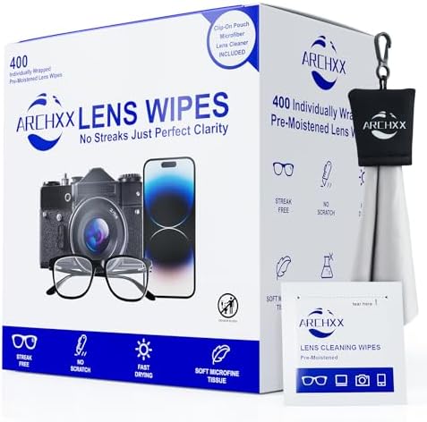 ARCHXX 400 Count Lens Wipes for Eyeglasses, +1 Clip-On Pouch Microfiber Lens Cleaner, Individually Wrapped Pre-Moistened Eye Glasses Cleaner Wipes for Glasses, Sunglasses, Camera Lenses, Streak-Free