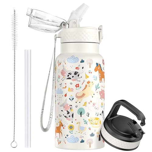 Oldley Botella Agua Aislada Acero Inoxidable para Niños 500ml/17oz con Pajita Metal Doble Pared al Vacío a Prueba Fugas Reutilizable Pequeña Botella con 2 Tapas Diferentes Bebidas Frías Calientes