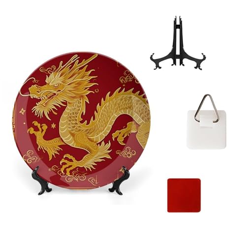 KUYT Chinese Dragon Red Bone China Decorative Plate Ceramic Decorative Plate for Home Office Wall Decor, with Vertical Stand Decorative Plates for Home Club, 8inch, Style KUYT Chinese Dragon Red Bone China Decorative Plate Ceramic Decorative Plate for Home Office Wall Decor, with Vertical Stand Decorative Plates for Home Club, 8inch, Style