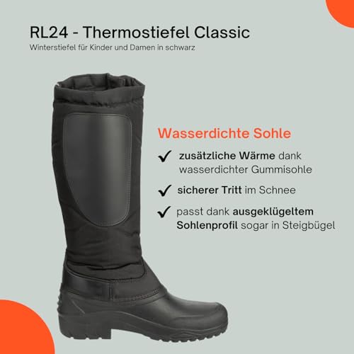RL24 - Kinder & Damen Thermostiefel Classic schwarz | wasserdichte Winterstiefel | mit Klettverschlüssen für verstellbare Wadenbreite | gefütterte Schneestiefel | Reitstiefel in Größe 41