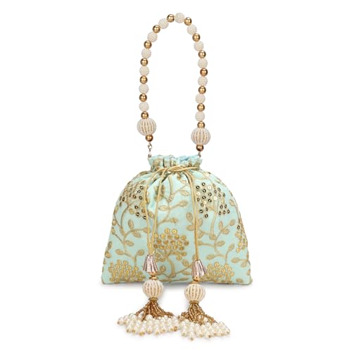 Image of LONGING TO BUY Indian Embroidered Pearl Potli Bag For Women, Sequence Design with Tassel, Wedding Potli Bags