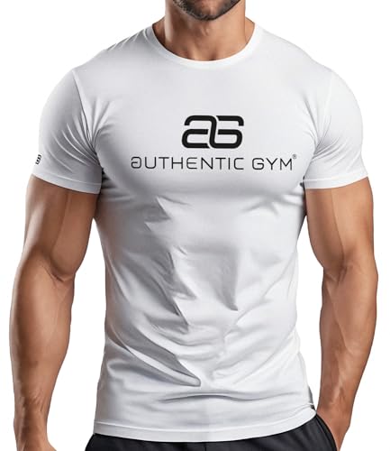 Authentic Gym® AKTIV T-Shirt | Weiß - Fitness T-Shirt Kurzarm Herren, Funktionelles & schnell trocknendes Sportshirt, Workout Gym Shirt (DE/NL/SE/PL, Alphanumerisch, L, Regular, Regular, Weiß)