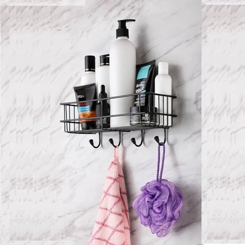 Image of Self Adhesive Bathroom Shelf with Hooks, Stainless Steel Wall Mounted Organizer Rack, Towel Holder, Bathroom Storage Shelf, Rustproof (Black, Pack of 2)