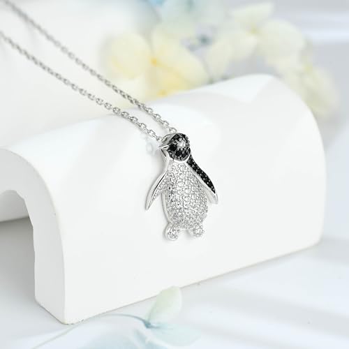 925 Sterling Silver Penguin Necklace with Black and White Cubic Zirconia Cute Penguin Charm Jewelry Penguin Gifts for Women 18 to 20 Inch Adjustable Chain2
