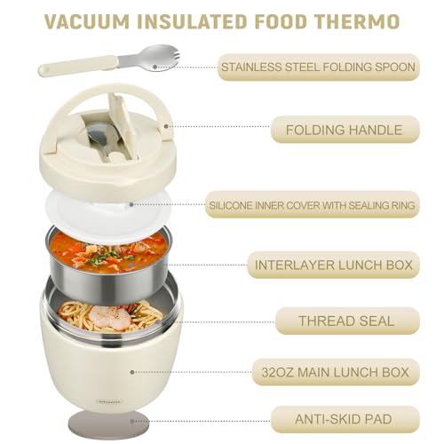 Image of wiwens Thermo Food Jar for Hot Food Adults 32OZ Soup Thermo Lunch Containers Wide Mouth Vacuum Insulated Stainless Steel Leakproof Bento Box with Spoon (Beige)