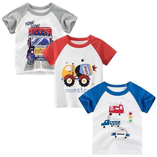 DEEKEY Toddler Little Boys Shirts 3-Pack Short-Sleeve Graphic T-Shirts Top Tees for Kids 2-7T (Car Mixer Truck, 3T)