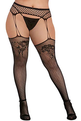 Dreamgirl Women's Fishnet Pantyhose With Knitted Lace Design, Black, One Size Queen