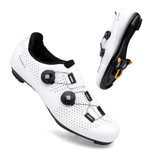 Feyenold Zapatillas de Ciclismo para Hombre y Mujer, compatibles con Pedal SPD-SL e instalación Compatible SPD/Look KEO Cleats, Blanco, 41 EU