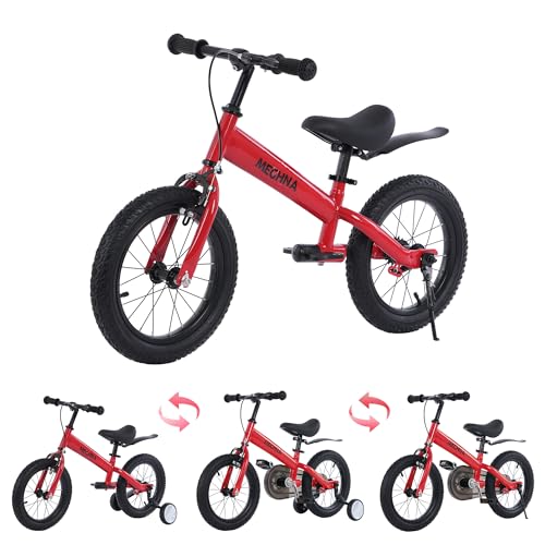 MEGHNA 2 in 1 Toddler Balance Bike 14 inch Wheel Kids Bike Aged 3-7 Years Old with Footrest Detachable Training Wheels Caliper and Coaster Brake Strider Bike for Boys Girls, Easy to Assembly, Red