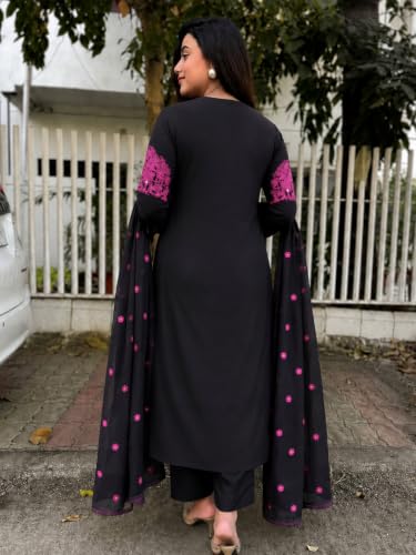 Image of GoSriKi Kurta Sets for Women Viscose Embroidered | Kurta Pant Dupatta Set | Straight Kurti Set for Women | Round Neck 3 /4 Sleeve Ethnic Suit | Designer Indian Kurti Outfit with Pants