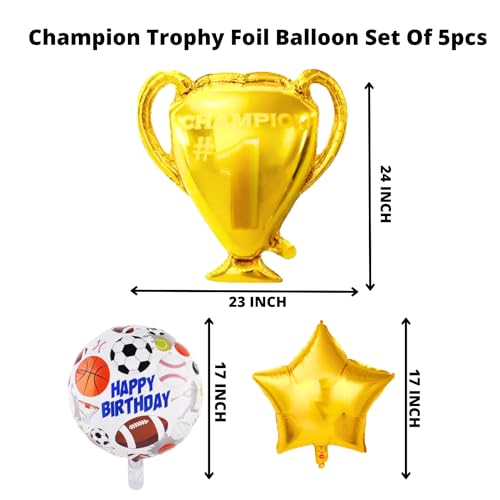 Image of Party Decorz Champion Trophy Balloon | Champion Trophy Foil Balloon Set Of 5pcs(1pcs Trophy Balloon+ 2pcs Star Balloon+ 2pcs Birthday Balloon) Football Theme, Sports Balloon Birthday Party Decorations