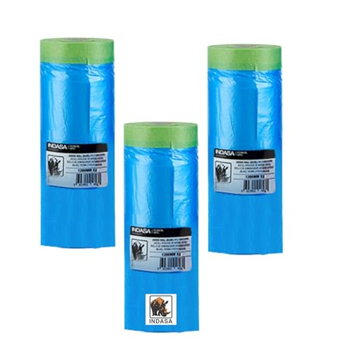 INDASA Cover Roll Pre-Taped Masking Film, Natural Rubber Tape, Static Cling Blue Polyethylene...