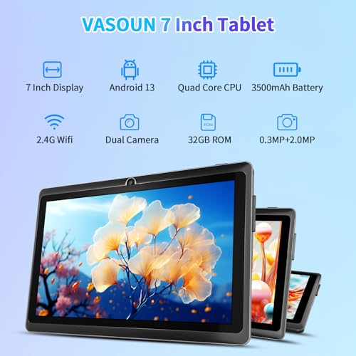 VASOUN 7 inch Tablet, Android 13 with 32GB ROM, Tablet PC with Quad Core Processor, GMS Certified WiFi Dual Camera, Portable Tablets with Case - Image 3