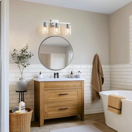 Image of L LOHAS LED 3-Light Bathroom Light Fixtures Over Mirror, 17.7-Inch Nickel Bathroom Vanity Light with Clear Glass Shade, Modern Vanity Lights for Bathroom Hallway Living Room Bedroom, E26, UL Listed