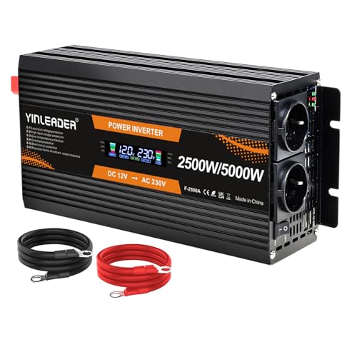 Yinleader Convertisseur 12V 220V 2500W /5000W Convertisseur de Puissance Onduleur 12V 230V Ecran LCD 2 Prises AC pour Panneau Solaire Voiture VR