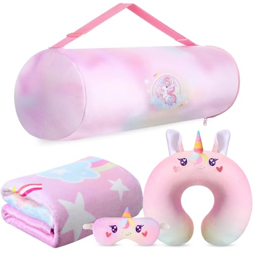 Gulfmew Einhorn Reisedecke & Kissen Set für Kinder Einhorn Flugzeugdecke Nackenkissen Augenmaske & Verstellbare Aufbewahrungstasche Reisezubehör für Mädchen auf Flugreisen zu Hause