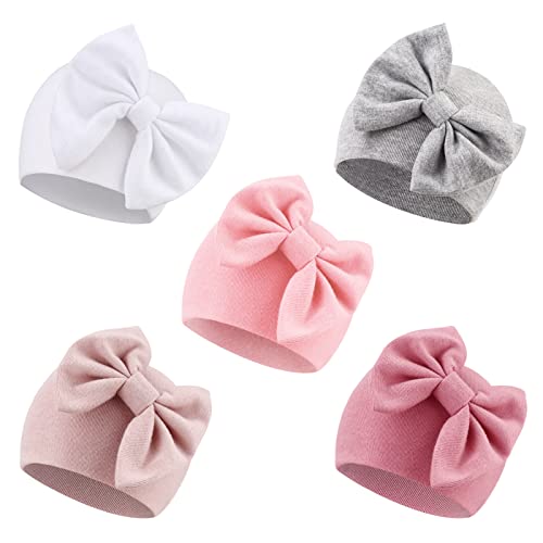 Image of AQOKKA Newborn Baby Hats Hospital Hat Beanie Infant Bow Hats Baby Cotton Hats for 0-6 Months